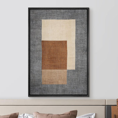 Mid Century Shape "Brown, Beige, Grey Abstract Blocks Artwork, Geometric Modern Rustic Minimalist Wall Pictures, Large Framed Canvas Giclee Print Wall Art"