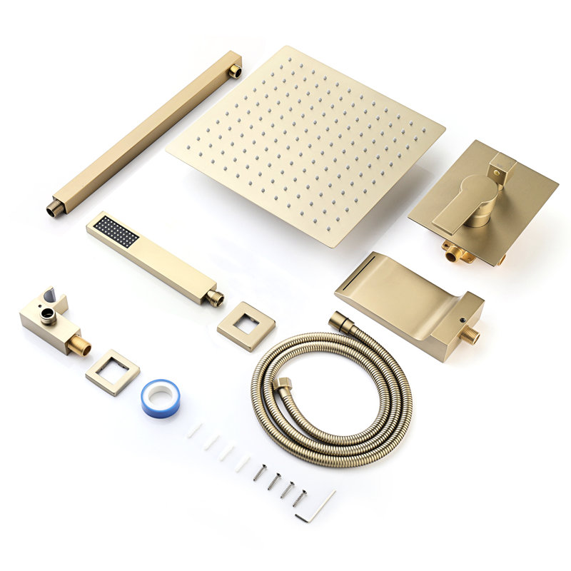 Shower System With 12" Rain Head, Handheld, Wall Mount, Ceramic Disc, Balanced, Stylish Outlook, Brushed Gold Fashion Forward