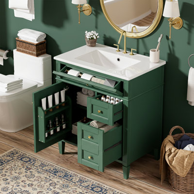 Meuble-lavabo simple 30 po avec plateau en céramique et organisateur de porte - vert