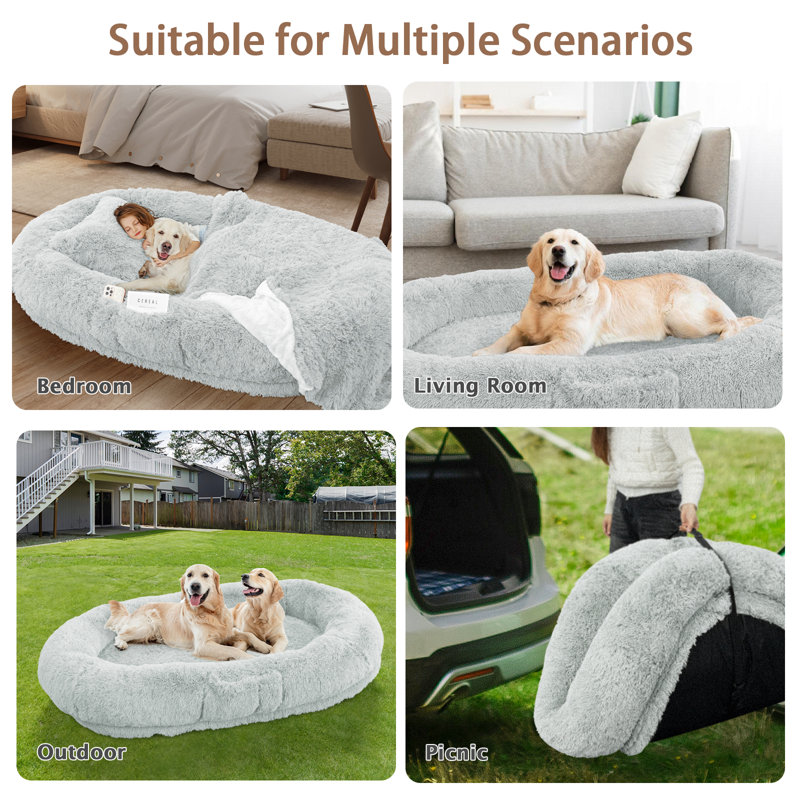 Grand lit pour chien de 78 po avec oreiller moelleux, couverture, sangle - gris, Gris, H 12 po x l 78 po x P 51 po