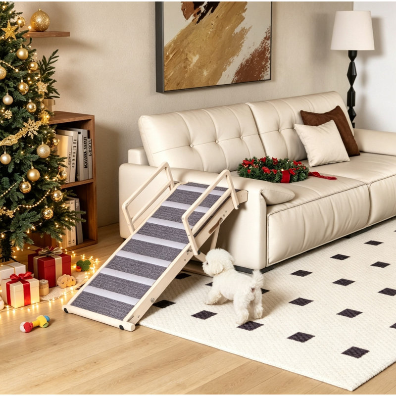 Adjustable Folding Wooden Dog Ramp with Side Rails & Non-Slip Mat for Pets