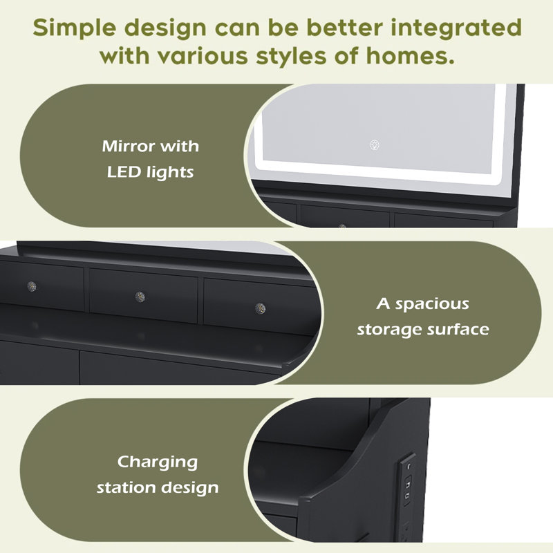 Nouveau grand bureau de meuble-lavabo à miroir pour chambre à coucher, ensemble de meuble-lavabo moderne avec prise de courant et support pour sèche-cheveux, 5 tiroirs