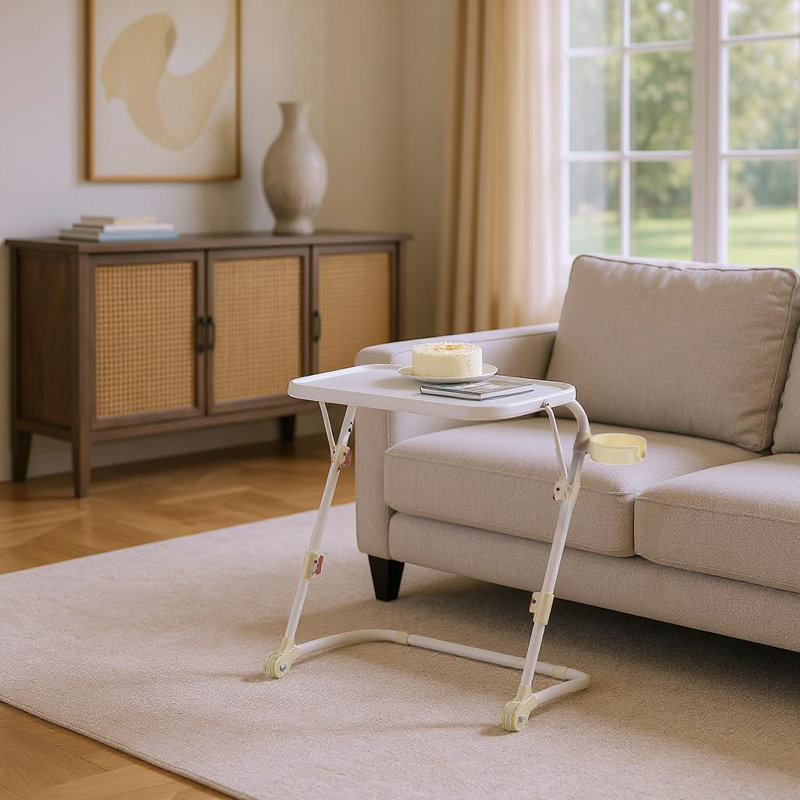 Table-plateau pliable ajustable avec porte-gobelet, 4 hauteurs et 3 angles Ebern Designs, Blanc cassé