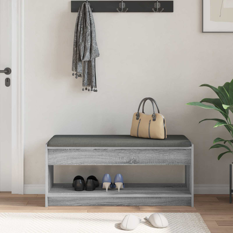  Hall Bench With Cushion With Shelf Engineered Wood And Fabric Entryway, 45cm H x 103cm W x 38cm D, Grey Sonoma