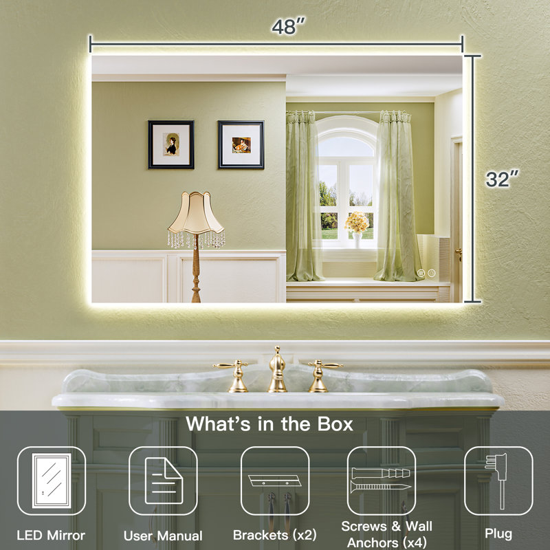Miroir de salle de bain à DEL avec rétroéclairage, miroir de salle de bain anti-buée avec gradation continue, homologué ETL, étanche IP54, CRI90 +, verre trempé HD