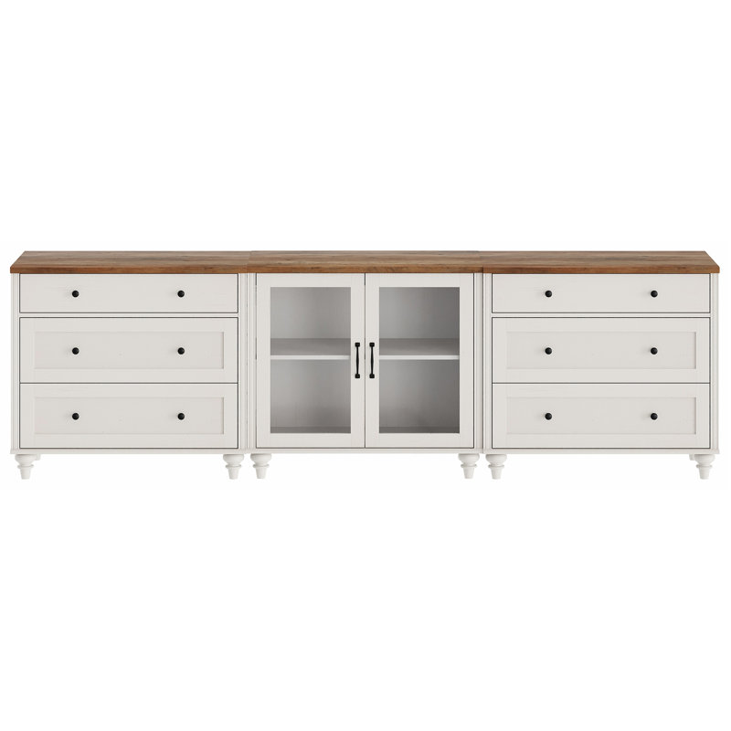 Farmhouse TV Stand, 3-In-1 TV Console Table For 75/80/85/90 Inch TV, Entertainment Center With Drawer & Glass Door