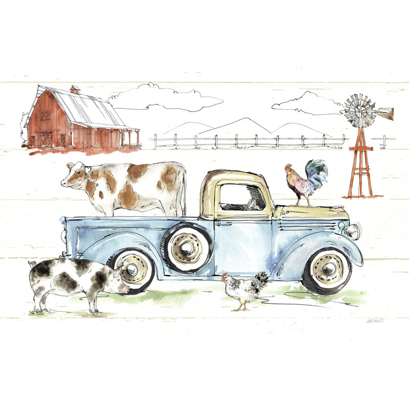Camion et animaux de ferme rétro, bleu et brun clair, vache, cochon, poulet, grange, moulin à vent, campagne, ferme, ferme