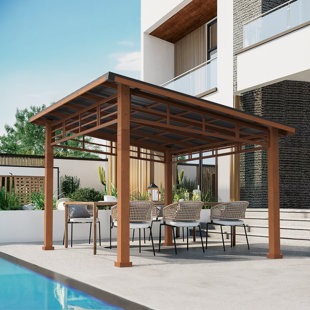 14' X 12' Solid Wood Patio Gazebo, Arcadia , Resistant Sloping Steel Roof , With Curtain And Mosquito Netting, Cedar Framed, Grill Gazebo