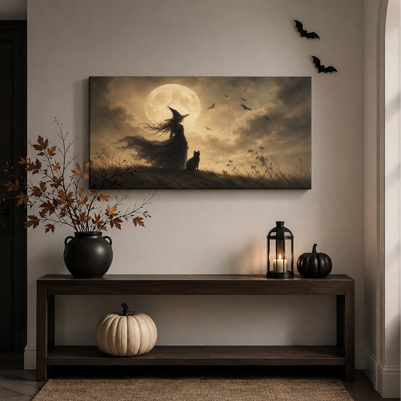 Art mural sur toile, silhouette de sorcière et de chat sous la pleine lune, L 24 po x H 12 po