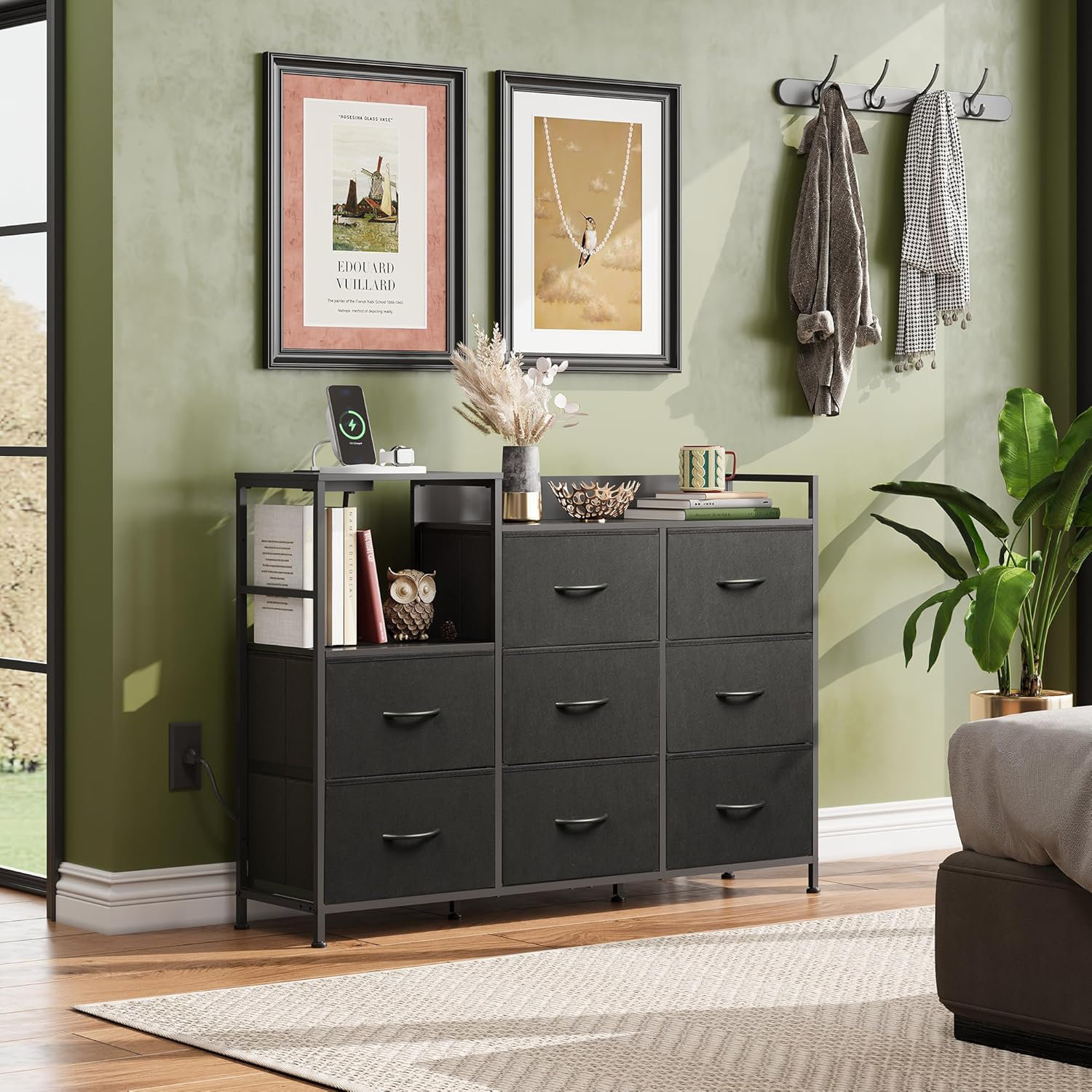 Ebern Designs Black Dresser TV Stand for Bedroom with Charging Station ...