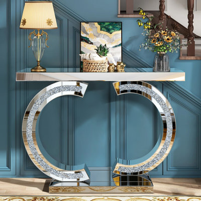 Silver Mirrored Console Table With Crushed Diamond Inlay, 39.4'' Long Entryway Sofa Table, Double C-shaped Base Modern Accent Narrow Table For Living Room, Hallway, Foyer, Entrance