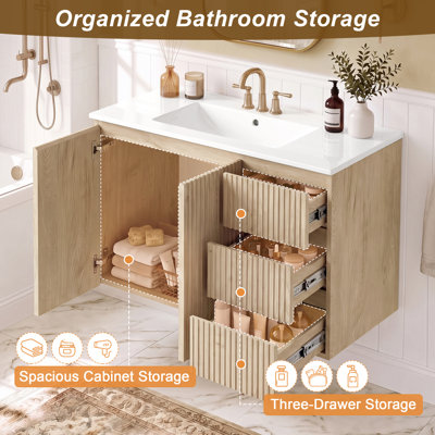 Meuble-lavabo mural de 91 cm (36 po) avec lavabo en céramique, armoire en MDF et panneaux de particules mélaminés, 2 portes, 3 tiroirs, charnières et glissières de tiroir à fermeture amortie, poignées dissimulées.