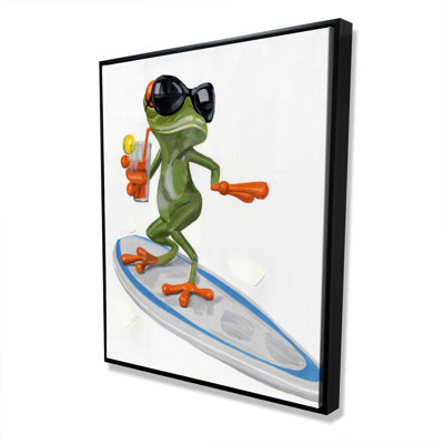 «Funny Frog Surfing» - Art contemporain sur toile encadré