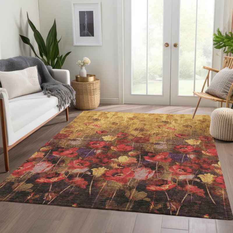Premium Machine Washable Lyndhurst AMF992 Floral Rug, Rectangle 5' x 7'6"