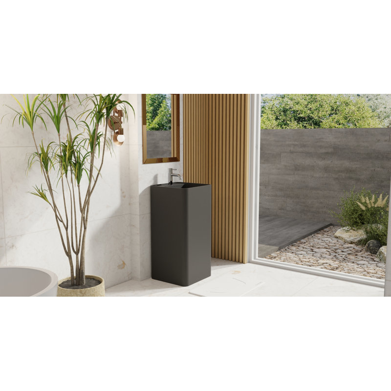 Badeloft Square Stone Resin Freestanding Pedestal Bathroom Sink SB-01-A-MBLK in Matte Black, Matte Black