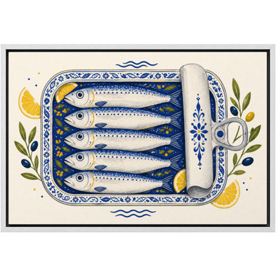 Bordure de sardine côtière avec charme de cuisine citron vert olive et humeur méditerranéenne, reproduction d'art sur toile encadrée dans la chambre principale