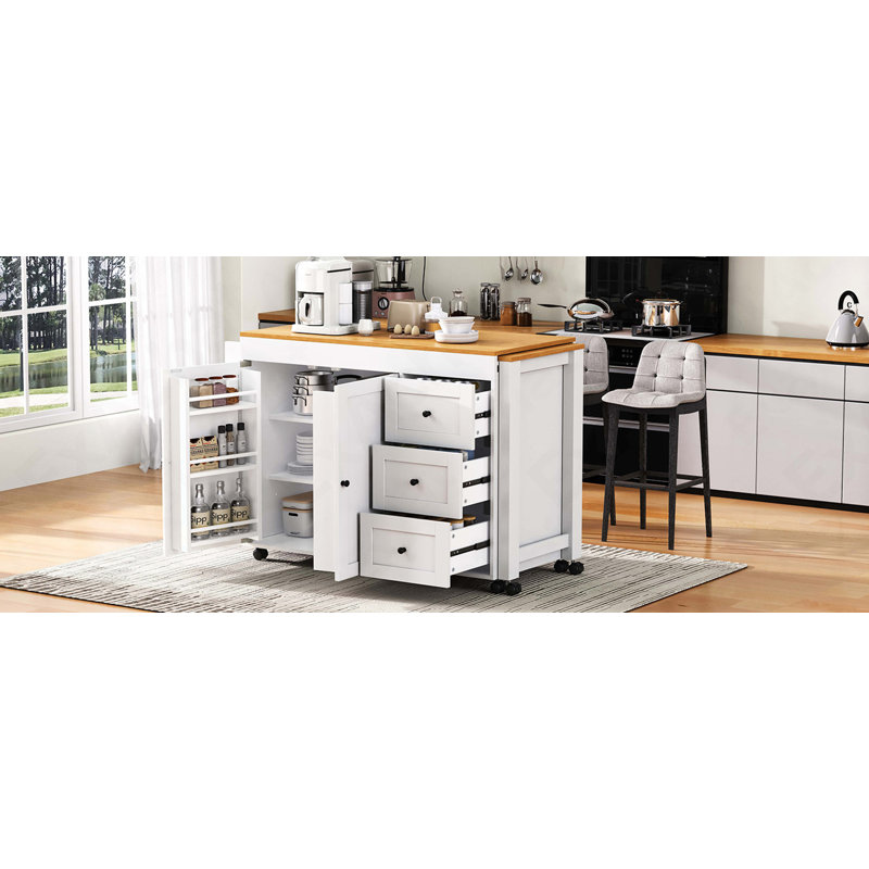 74.8" Kitchen Island With Extendable Dining Table, Kitchen Storage Cart With 3 Drawers, Power Outlet, Rolling Kitchen Island On Wheels With Spice Rack And 2 Door Cabinet, For Kitchen, White