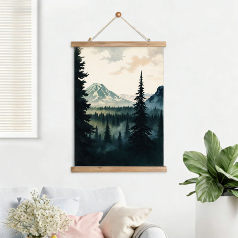 Montagne et forêt, art mural à volutes suspendues, cintre en bois intégré, l 16 x L 24