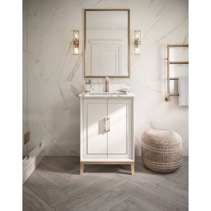 Gracie 24 in. Single Vanity, Carrara Marble/Single Faucet Mount, Satin White (Cream White)