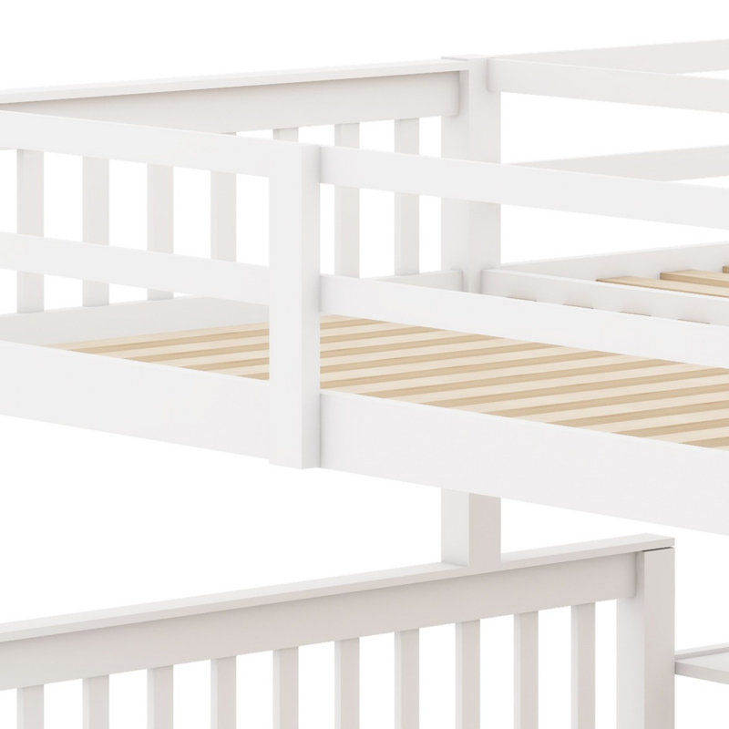 Jamelah Twin-Twin over Full L-Shaped Bunk Bed With 3 Drawers, Portable Desk and Wardrobe, White
