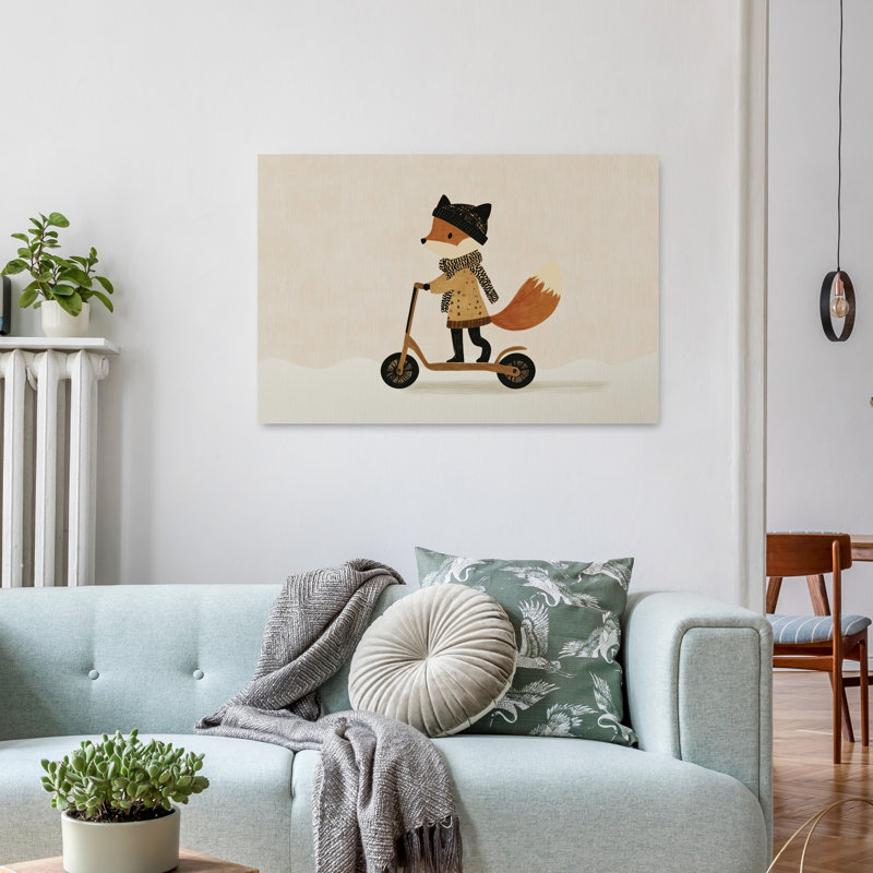 Cute Fox Winter Ride Playful Whimsical Abstract Fox Winter Forest Wall Art Print by Mathieu - Wrapped Canvas Print