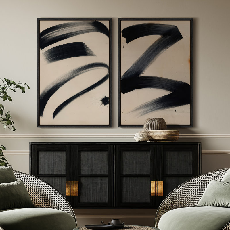 Art mural encadré sur toile - Lignes noires abstraites pour le salon - 16 po x 24 po x 2 pièces, H 24 po x l 16 po, Noir