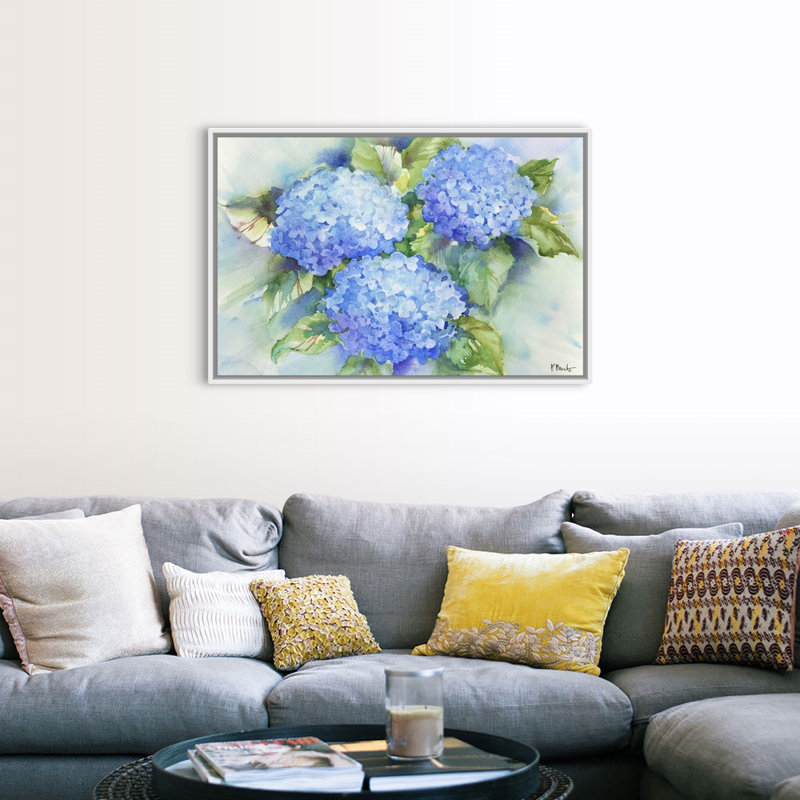 Art sur toile bleu ciel hortensia,  H 32 po x l 48 po x P 1,75 po, Toile avec cadre blanc