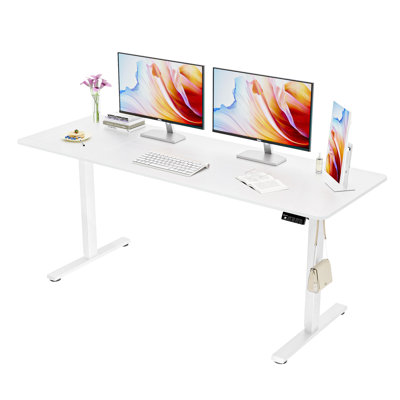 ERGOMAKER Electric Standing Desk，Height Adjustable Desk，63 x 23.6 Inches，with Splice Board，Child Lock & Memory Function,White
