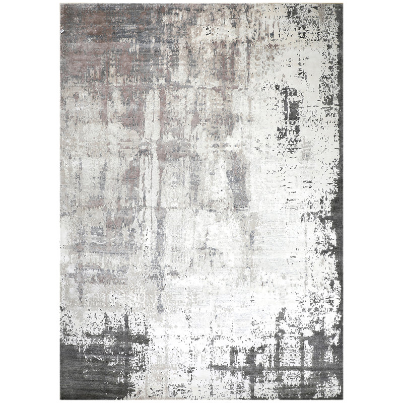 Tapis ivoire / gris / bleu noué à la main, Rectangle 8 pi x 10 pi