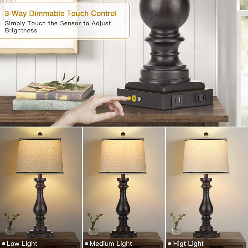 29" Tall Vintage Resin USB Table Lamp Set with Touch Control, Black