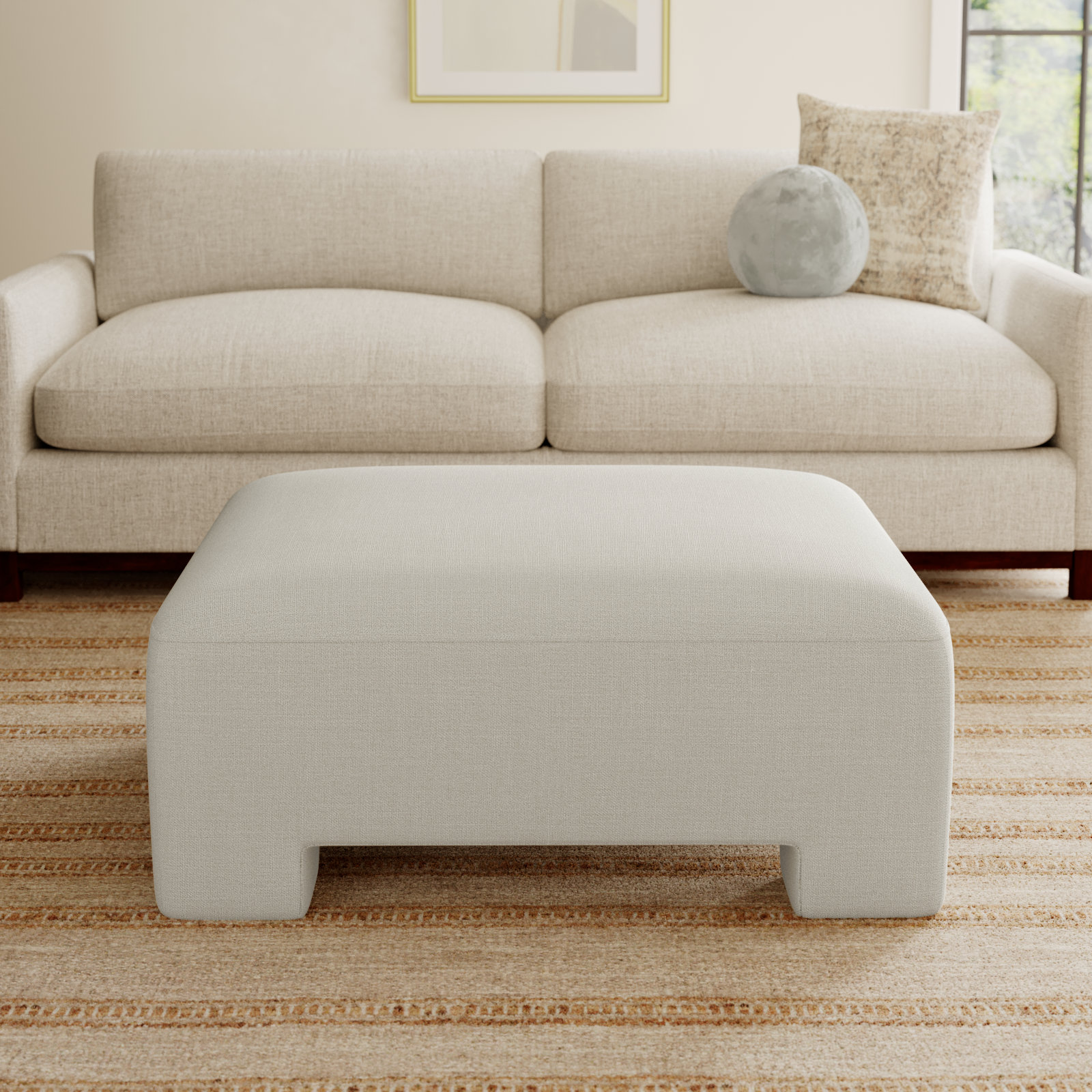 Anya 38" Linen Upholstered Ottoman, Effie Linen Performance Linen