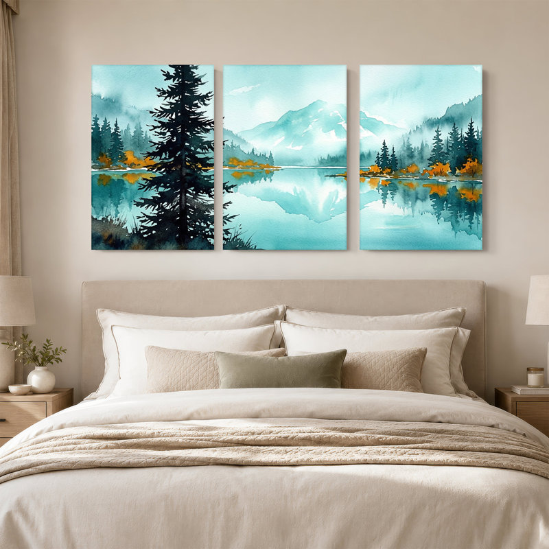 «Teal», aquarelle, lac, pin et montagne, ensemble de 3 toiles, H 18 po x l 12 po x 3 pièces