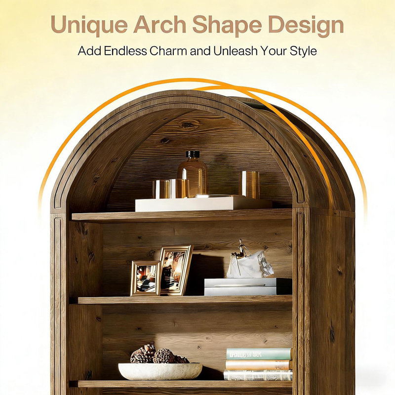 Closed Back Design Bookcase,Generous Bookshelf,Arched Display Shelving, Oak
