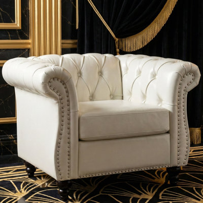 Canapé classique en cuir PU Chesterfield avec dossier capitonné, accoudoirs roulés et garniture cloutée