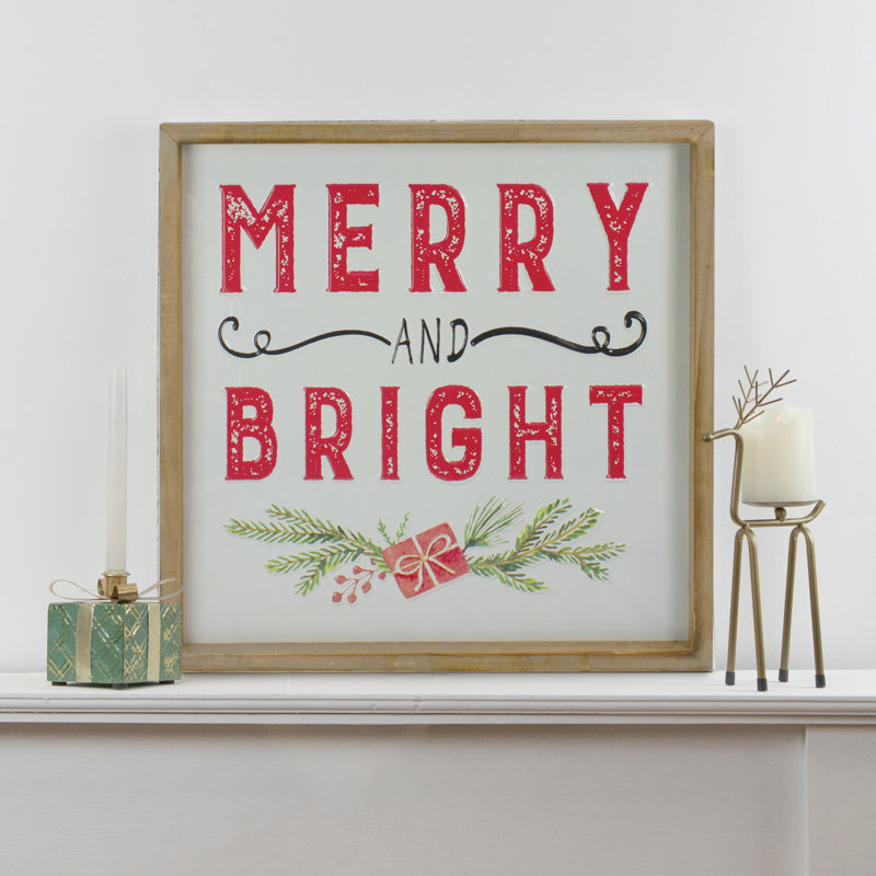 16" Wooden Framed Merry and Bright Metal Christmas Sign