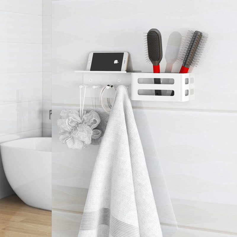 Porte-clés pour mur, organisateur d'enveloppes à courrier avec crochets pour clés, 4 crochets avec tablette, porte-clés en métal fixé au mur avec vis, porte-clés pour porte-courrier dans la cuisine de l'entrée, blanc