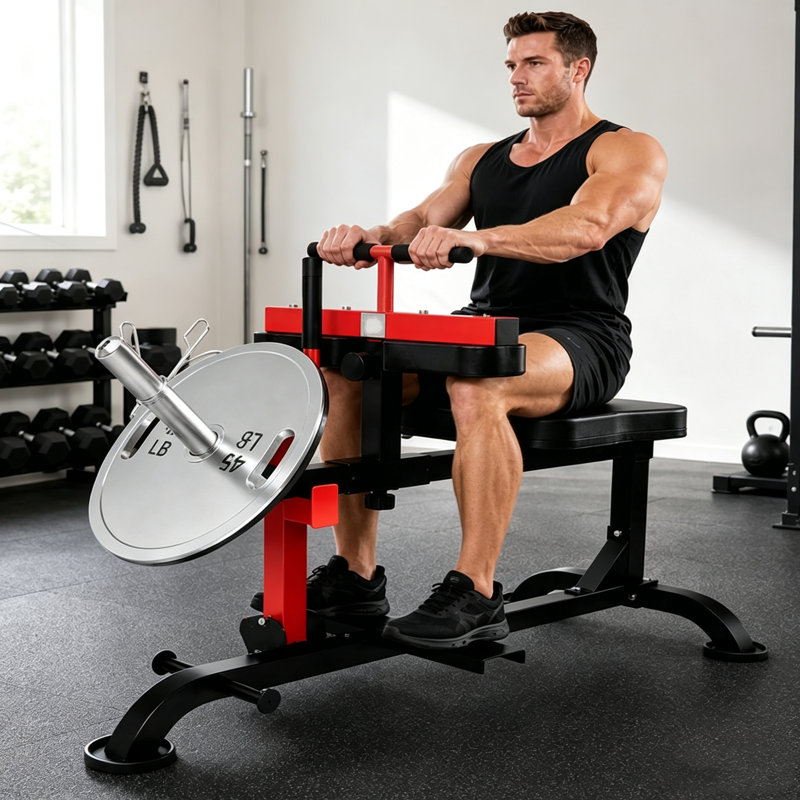 Appareil de musculation des mollets assis pour salle de sport à domicile, système de double résistance 660 lbs avec coussin pour les jambes réglable, coussin de 5 cm d'épaisseur et pédales antidérapantes, noir et rouge