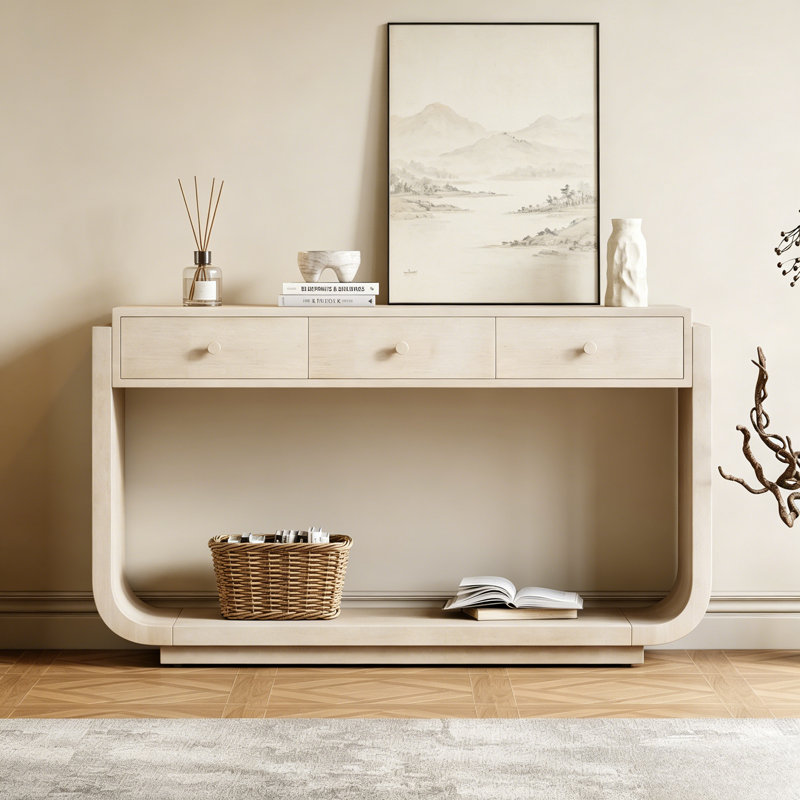 Table d'appoint de style beige antique avec tiroirs de rangement et tablette de rangement avec pieds de soutien incurvés