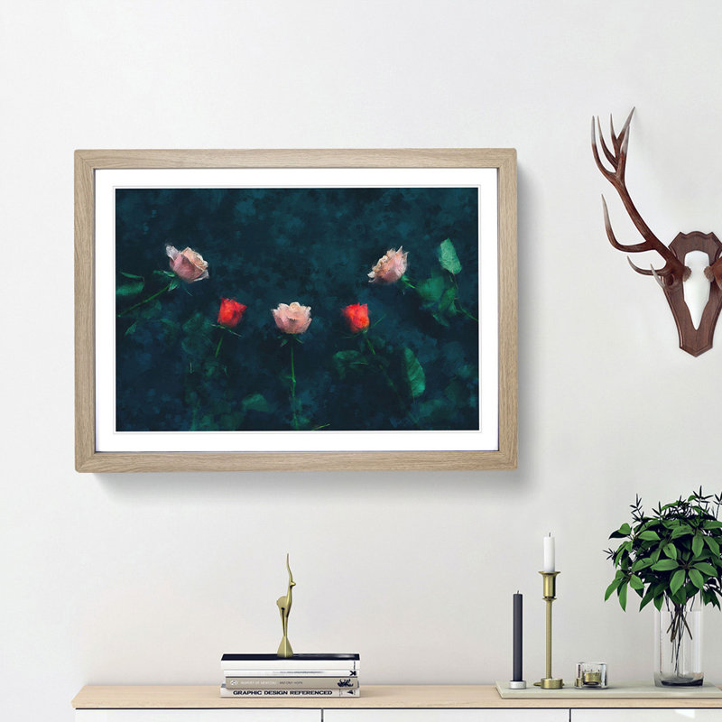 Laying with Pink and Red Roses - Picture Frame Painting Print, Oak Framed, 45cm H x 63cm W x 2cm D