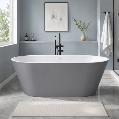 59" Freestanding Acrylic Soaking Bathtub, Oval Double-Ended Tub with Center Drain and Integrated Overflow, Matte Gray