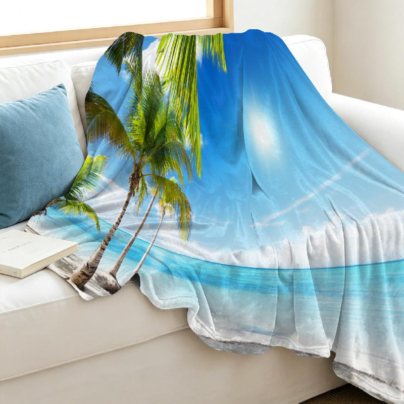 Jeté en flanelle bleue ultra douce, imprimé face simple mer des Caraïbes et noix de coco, Throw 40" x 50"