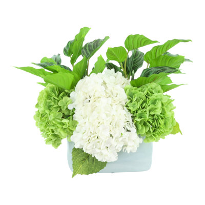 Assortiment d'hortensias et de Rohdea Japonica dans un vase en céramique