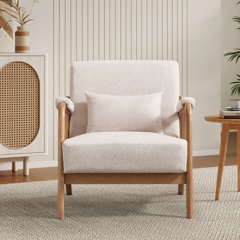 Salma 27.17" Wide Modern Upholstered Solid Wood Accent Chair With An Extra Pillow, Beige Linen