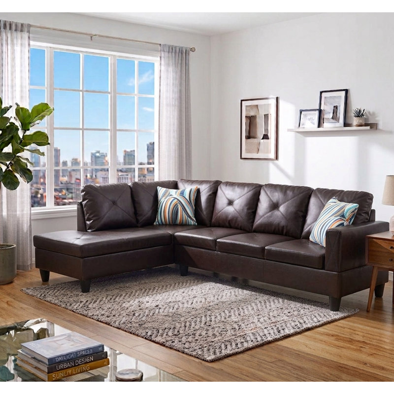 Glennia Faux Leather L-Shaped Sectional, Brown Faux Leather, Left Hand Facing