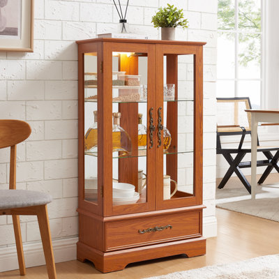 Vitrine lumineuse en verre avec tablettes réglables - Élégante vitrine à 2 portes et tiroir intégré, y compris l'ampoule - chêne foncé