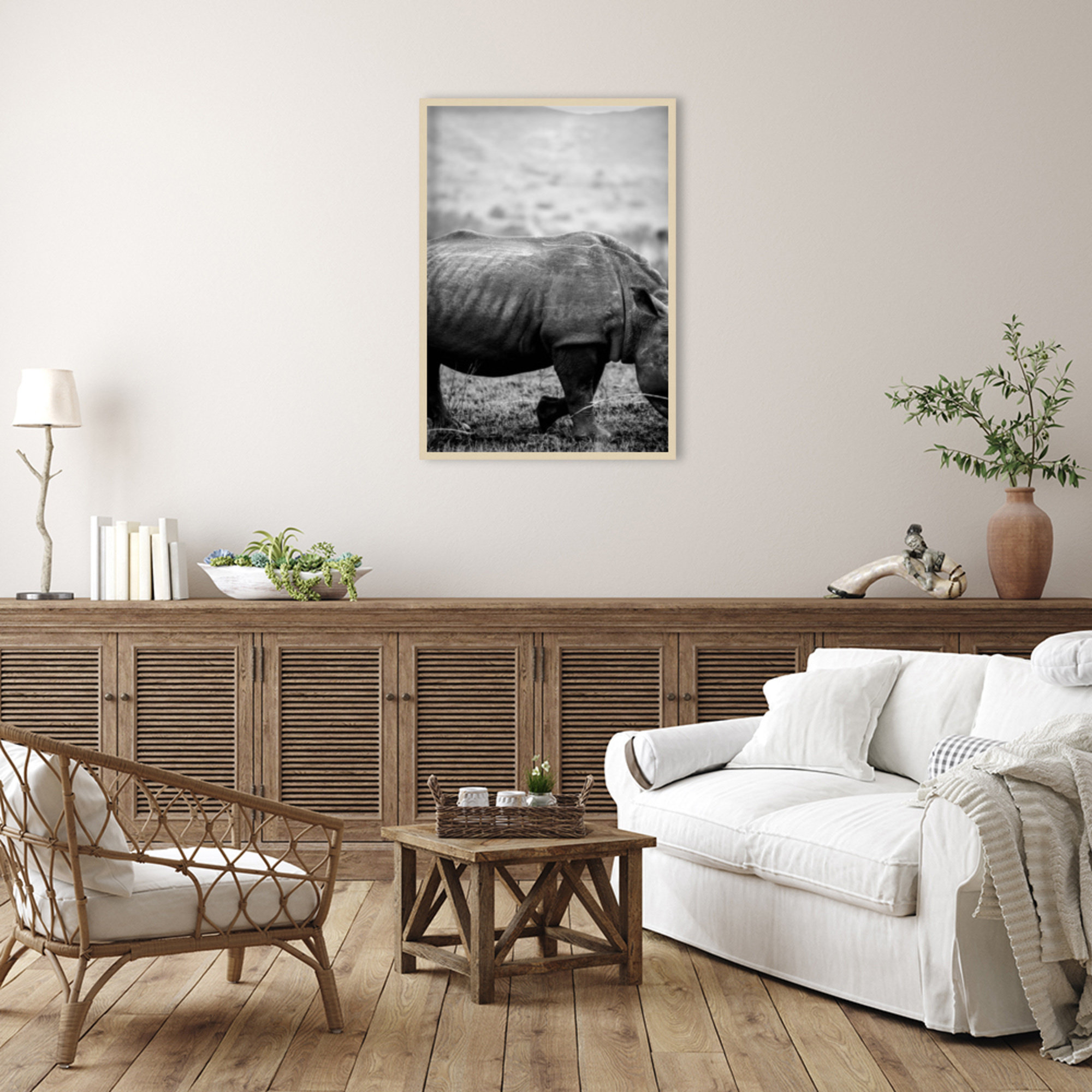 Black Rhino by Shot by Clint Wood Framed Wall Art Print, Brown, 41" H x 29" W
