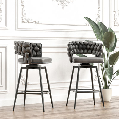 Tabouret de bar 28 po tissé (2), brun clair, pivotant sur 360 °, tabouret de comptoir rembourré avec repose-pieds pour 2 personnes, base en métal, dossier différent