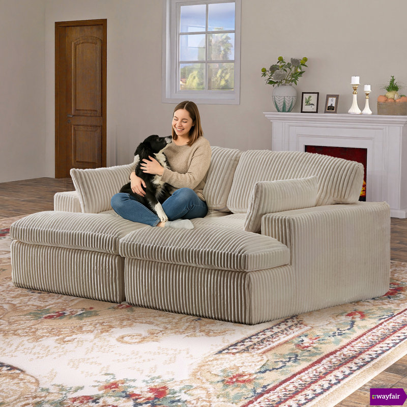 Brinae 41.34"W Fully Compressed Deep Seat Corduroy Sectional, Chaise Lounge, Beige Corduroy