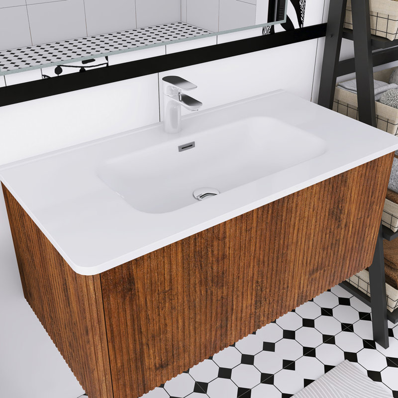 Meuble-lavabo flottant mural 36 po avec lavabo en céramique blanc, Noyer
