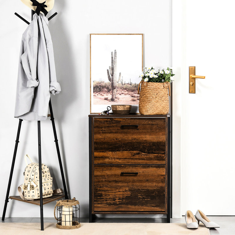 Armoire à chaussures industrielle de style rustique brun - 12 pièces avec 2 tiroirs rabattables, porte d'entrée compacte et robuste, fabrication peu encombrante